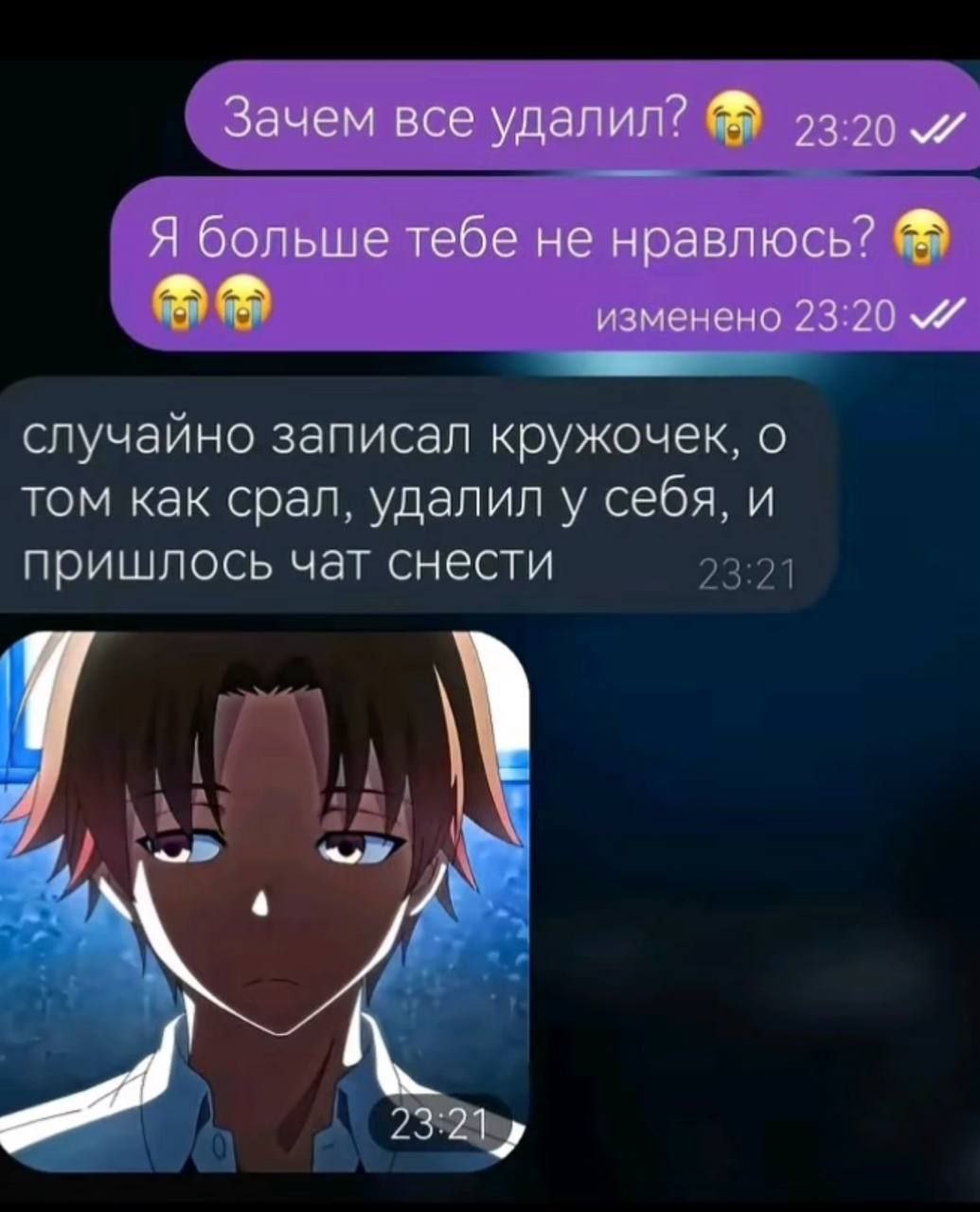 Зачем все удалил? 23.20 Я больше тебе не нравлюсь? изменено 23:20 случайно записал кружочек, о том как срал, удалил у себя, и пришлось чат снести 23:21 у