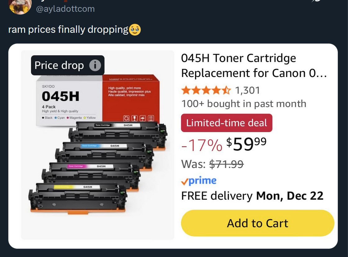 сот ram prices finally dropping® Toner Cartri Price drop Replacement for Canon 0... о, 1,501 100+ bought in past month Limited-time deal 95999 Was: $74.99: vprime FREE delivery Mon, Dec 22 Add to Cart