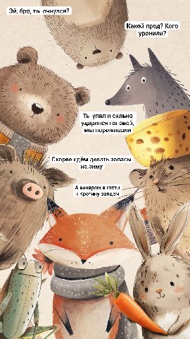 бро, ты очнулся? Какой прод? Кого уронили? ell Ты упал и сильно ударился головой, МЫ переживали 72%; Скорее идем делать запасы на зиму A вечером в гости к Кротику зайдём at