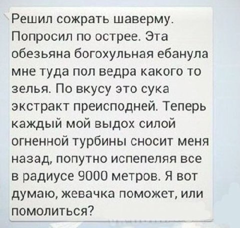 Решил сожрать шаверму. Попросил по острее. Эта обезьяна богохульная ебанула мне туда пол ведра какого то зелья. По вкусу это сука экстракт преисподней. Теперь каждый мой выдох силой огненной турбины с