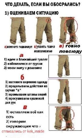 ЧТО ДЕЛАТЬ, ЕСЛИ ВЫ ОБОСРАЛИСЬ? 1) ОЦЕНИВАЕМ СИТУАЦИЮ а)немного подкакнул Б)утаить говно Говно невозможно повсюду 1) идем в ближайший туалет 2) избавляемся от трусов 3) моем жопу в раковине 1) натянит