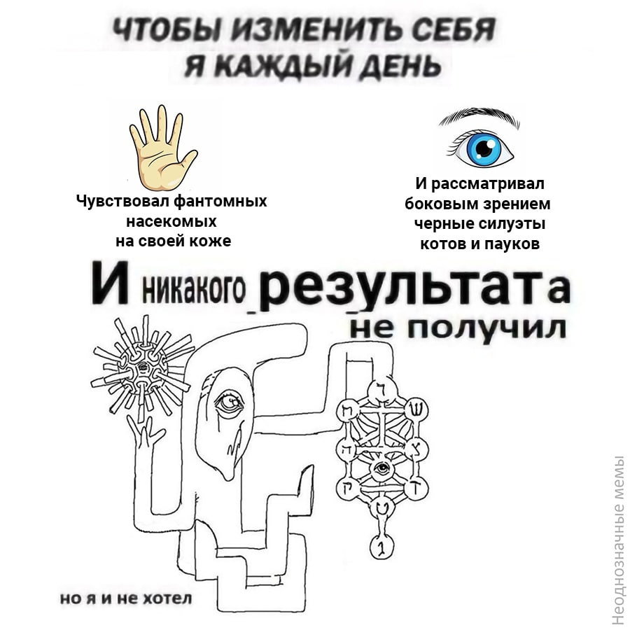 ЧТОБЫ ИЗМЕНИТЬ СЕБЯ Я КАЖДЫЙ ДЕНЬ Чувствовал фантомных боковым зрением И рассматривал на своей коже насекомых черные силуэты котов и пауков И результата He получил ATES He хотел