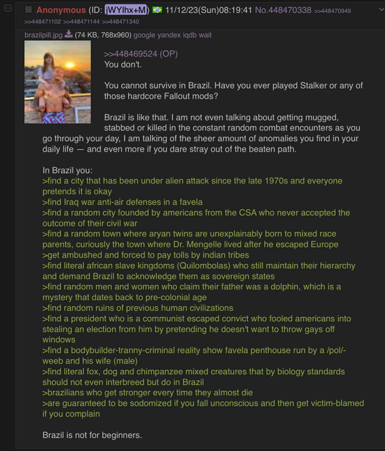 (74 You dont. You cannot survive in Brazil. Have you ever played Stalker or any of those hardcore Fallout mods? Brazil is like that. [Гат not even talking about getting mugged. stabbed or killed in th