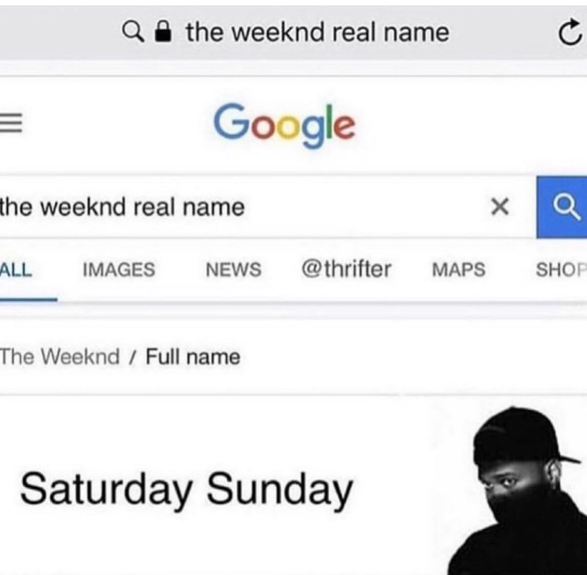 В the weeknd real name Google the weeknd real name ALL IMAGES NEWS @thrifter MAPS SHO The Weeknd Full name Saturday Sunday