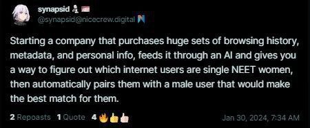 synapsid Starting а company that purchases huge sets of browsing history metadata, and personal info, feeds it through an and gives you a Way to figure out which internet users are single NEET women, 