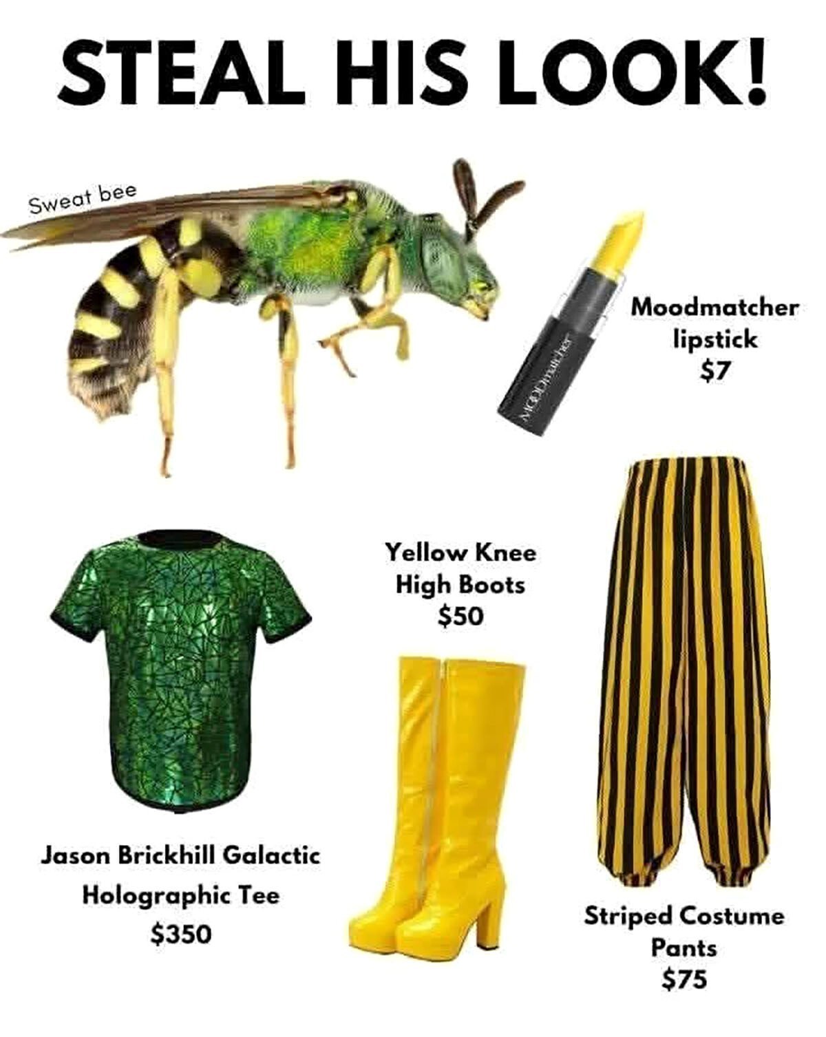 STEAL HIS LOOK! bee Moodmatcher lipstick $7 Yellow Knee я High Boots $50 Jason Brickhill Galactic Holographic Tee Striped Costume $350 Pants $75