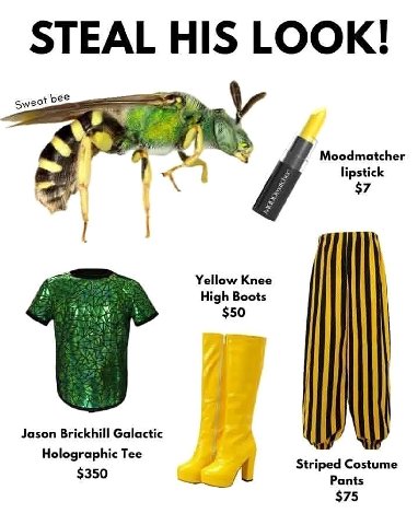 STEAL HIS LOOK! bee Moodmatcher lipstick $7 Yellow Knee я High Boots $50 Jason Brickhill Galactic Holographic Tee Striped Costume $350 Pants $75