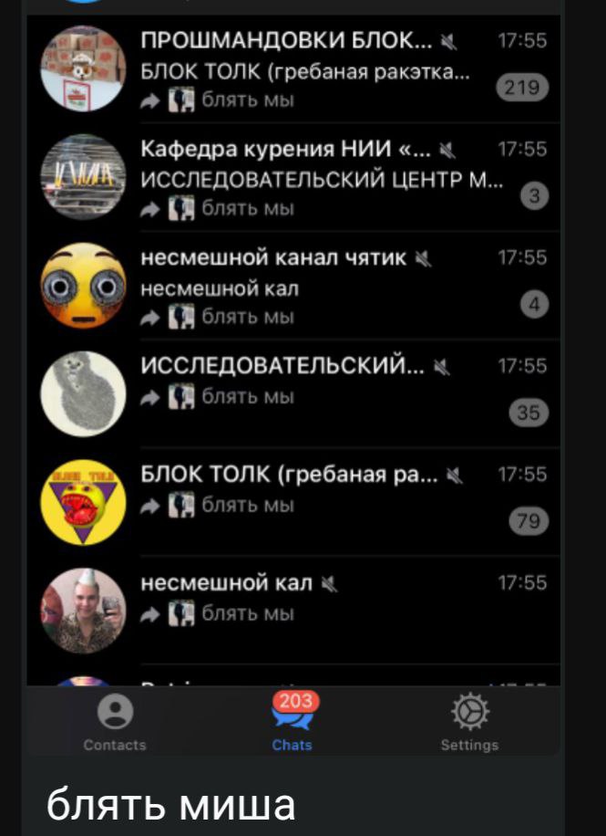 ПРОШМАНДОВКИ БЛОК... 17:55 БЛОК ТОЛК (гребаная ракэтка... (a блять мы Кафедра курения НИИ 17:55 ИССЛЕДОВАТЕЛЬСКИЙ ЦЕНТР (3) блять мы несмешной канал чятик 17:55 несмешной кал блять мы ИССЛЕДОВАТЕЛЬСКИ
