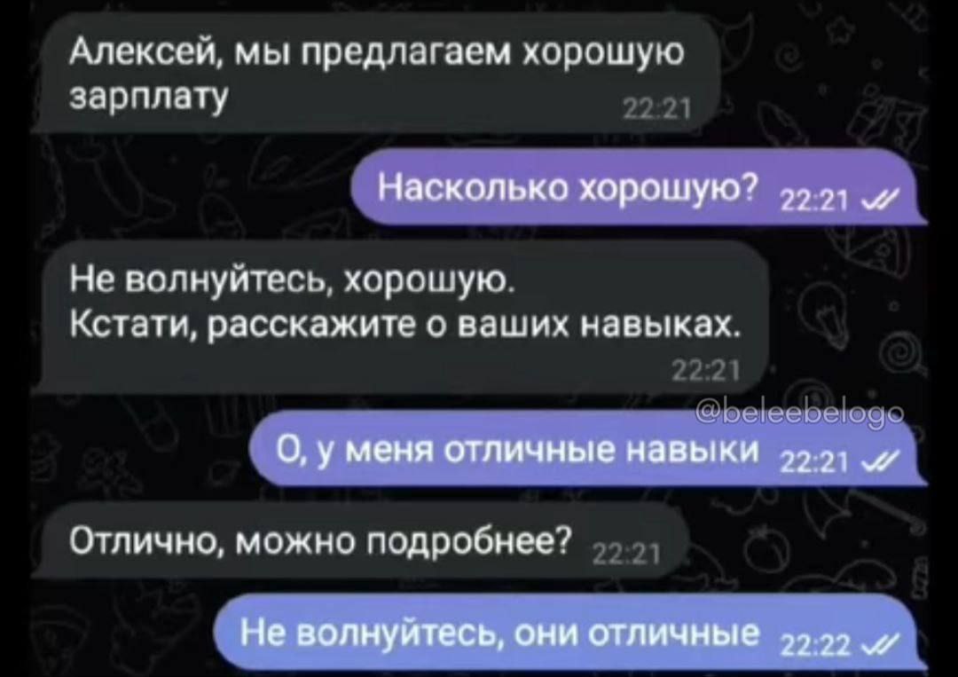 Алексей, мы предлагаем хорошую зарплату Насколько хорошую? 2221 Не волнуйтесь, хорошую. Кстати, расскажите о ваших навыках. О, у меня отличные навыки 49.91 Отлично, можно подробнее? Не волнуйтесь, они
