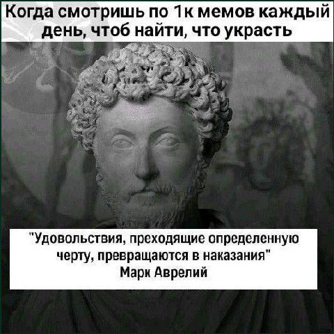 Когда смотришь по мемов каждый день, чтоб найти, что украсть "Удовольствия, преходящие определенную черту, превращаются в наказания" Марк Аврелий