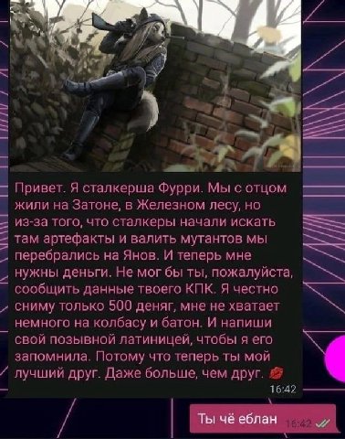4 У 7 у Привет. Я сталкерша Фурри. Мы сотцом жили на Затоне, в Железном лесу, но из-за того, что сталкеры начали искать там артефакты и валить мутантов мы перебрались на Янов. И теперь мне нужны деньг