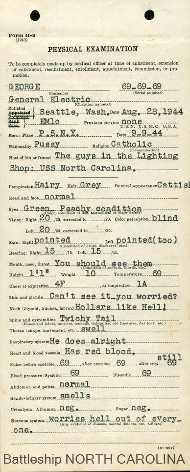 (1940) PHYSICAL EXAMINATION To he completely made up medical officer at time of enlistment, oxtension of enlistment, reenlistment, enrollment, appointment, commission, or pro: motion GEORGE (Serial nu
