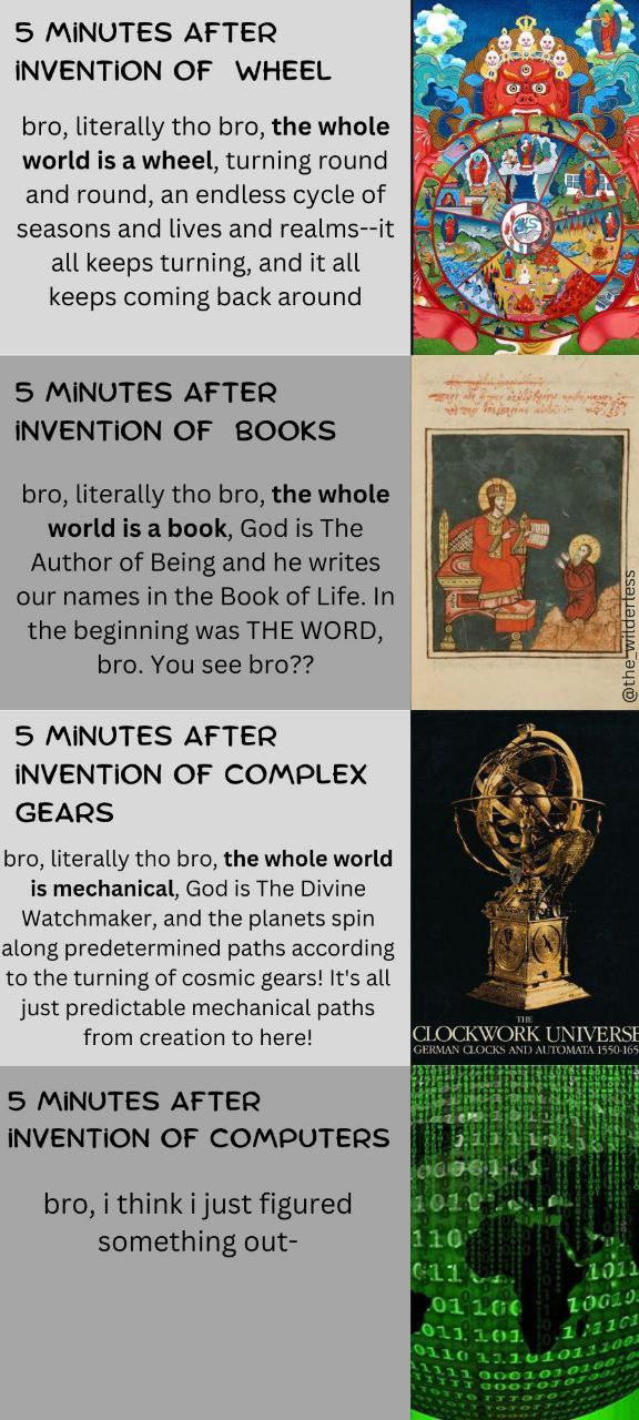 5 MiNUTES AFTER INVENTION OF WHEEL bro, literally tho bro, the whole world is a wheel, turning round and round, an endless cycle of we seasons and lives and realms--it all keeps turning, and it all ke