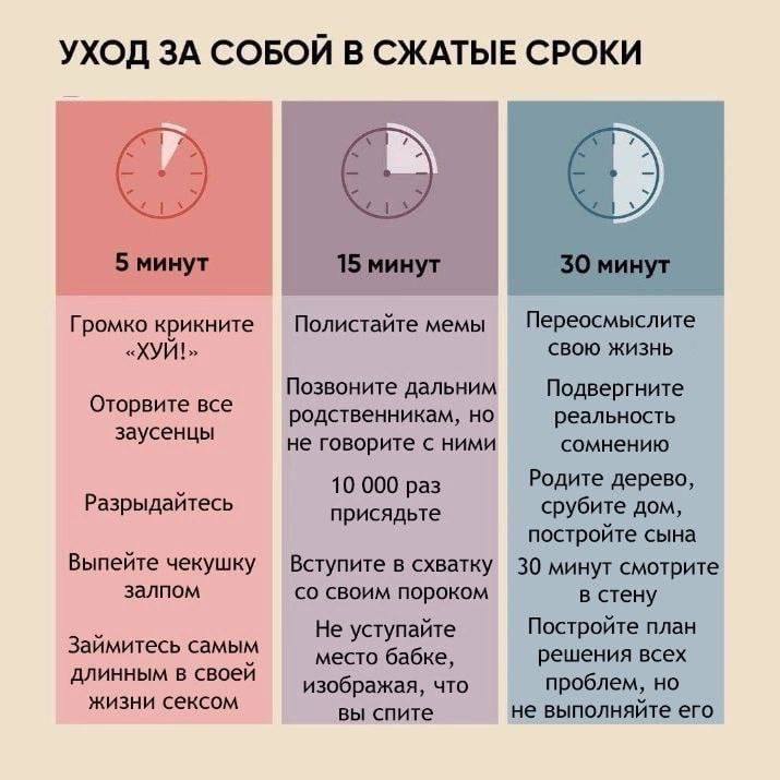 УХОД ЗА СОБОЙ В СЖАТЫЕ СРОКИ 5 минут 15 минут 30 минут Громко крикните Полистайте мемы Переосмыслите СВОЮ ЖИЗНЬ «ХУЙ!» Позвоните дальним Подвергните Оторвите все родственникам, но реальность заусенцы 