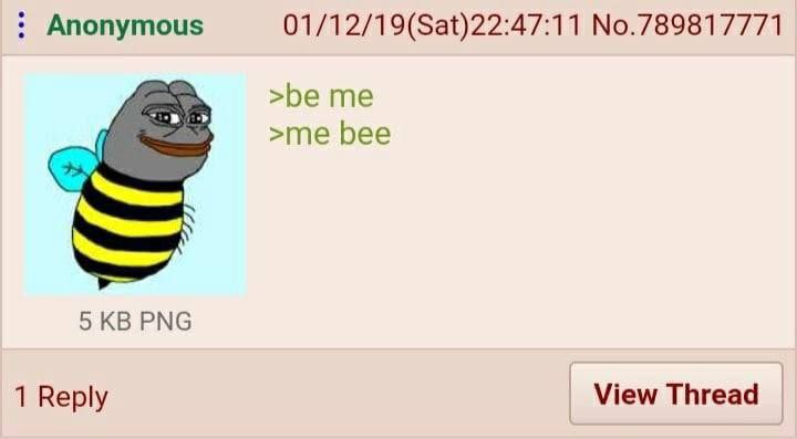Anonymous 01/12/19(Sat)22:47:11 No.789817771 >be me >me bee 5 PNG 1 Reply View Thread