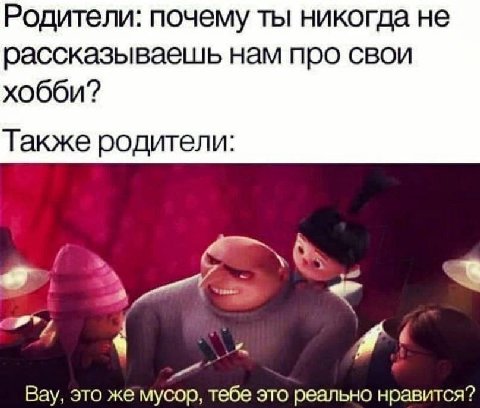 Родители: почему ты никогда не рассказываешь нам про свои хобби? Также родители: Вау, это же мусор, тебе это реально нравится?