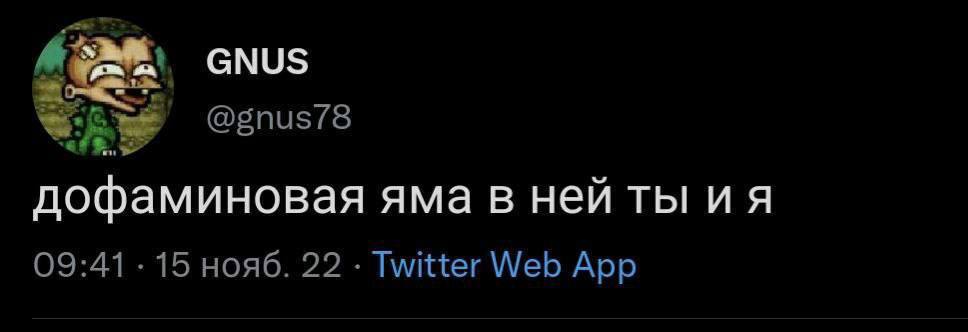 GNUS @gnus/8 дофаминовая яма в ней ты 09:41 15 нояб. 22 Twitter Web App