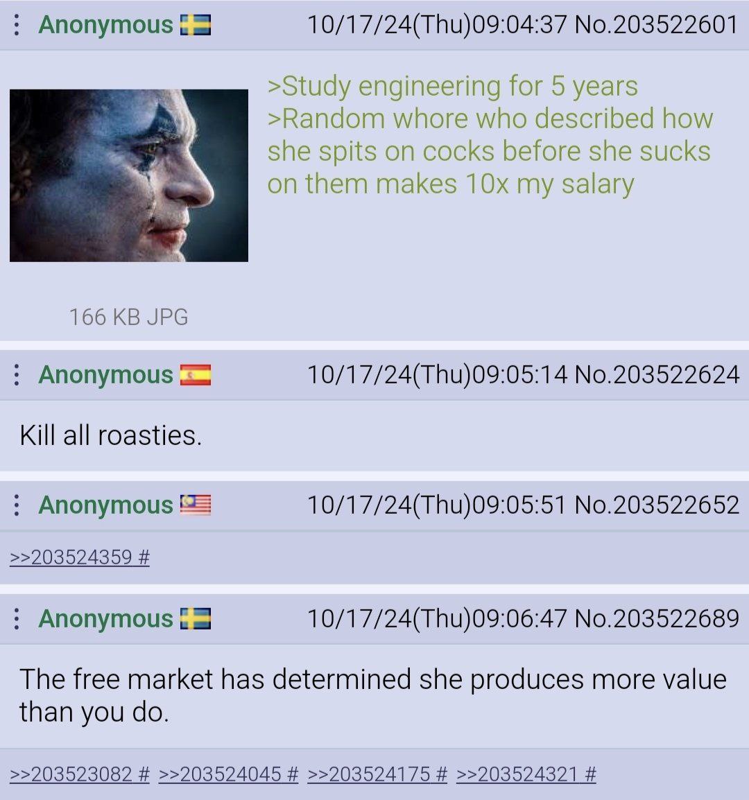 Anonymous 10/17/24(Thu)09:04:37 No.203522601 >Study engineering for 5 о Years >Random whore who described how she spits on cocks before she sucks on them makes my salary 166 JPG Anonymous 10/17/24(Thu