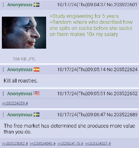Anonymous 10/17/24(Thu)09:04:37 No.203522601 >Study engineering for 5 о Years >Random whore who described how she spits on cocks before she sucks on them makes my salary 166 JPG Anonymous 10/17/24(Thu