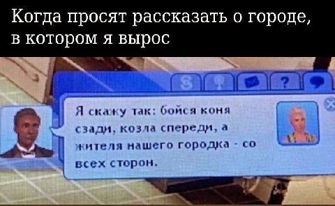 Когда просят рассказать о городе, в котором я вырос Я скажу так: бойся коня сзади, козла спереди, а кителя нашего городка всех сторон.