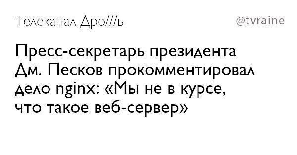 Телеканал @tvraine Пресс-секретарь президента Песков прокомментировал дело nginx: «Мы не в курсе, что такое веб-сервер»