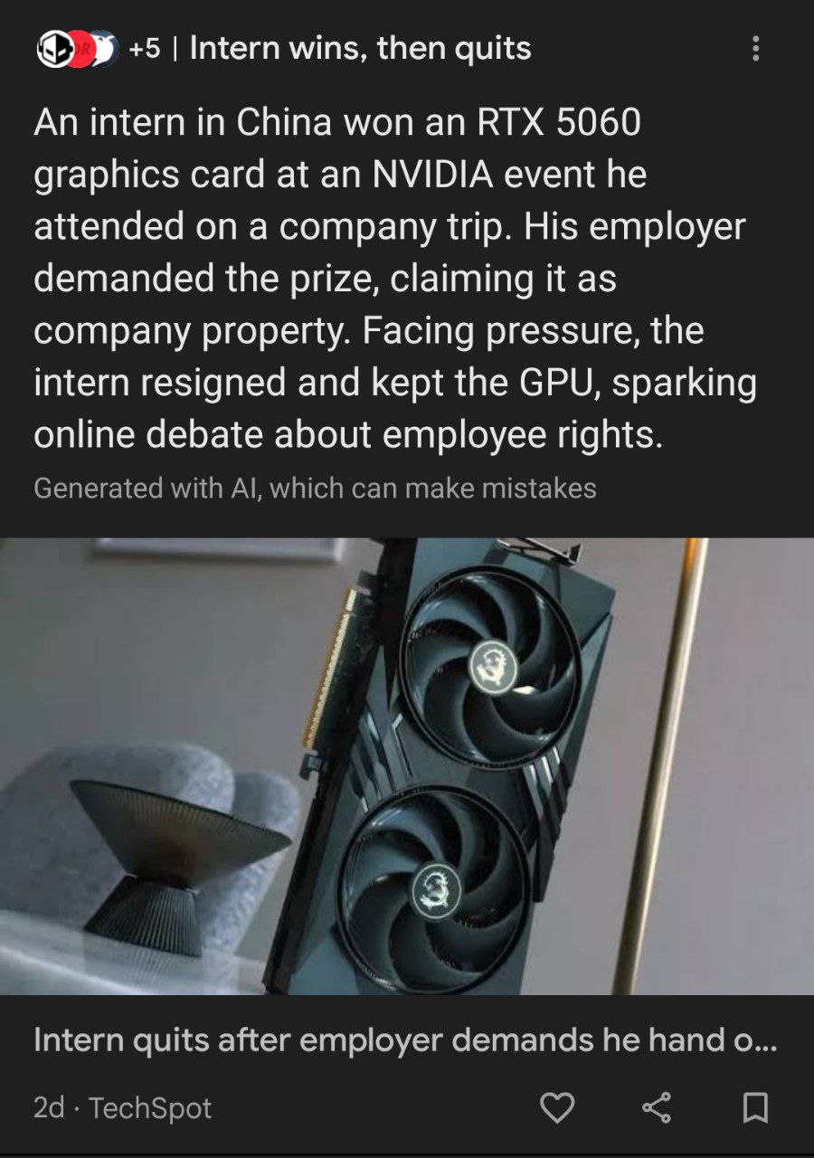 У +5 Имег wins, then quits An intern in China won an RTX 5060 graphics card at an NVIDIA event he attended on a company trip. His employer demanded the prize, claiming it as company property. Facing p