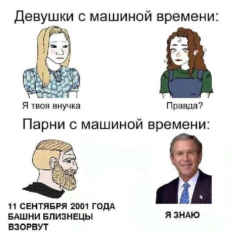 Девушки с машиной времени: Я твоя внучка Правда? Парни с машиной времени: a 11 СЕНТЯБРЯ 2001 ГОДА БАШНИ БЛИЗНЕЦЫ Я ЗНАЮ ВЗОРВУТ
