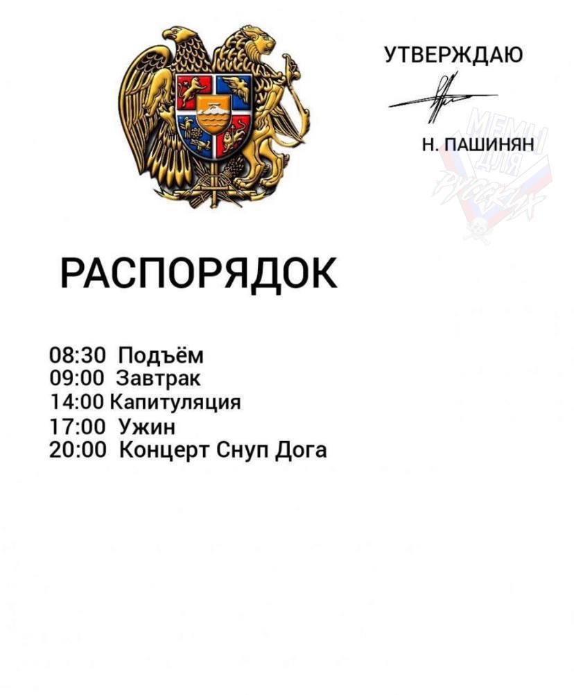 УТВЕРЖДАЮ ПАШИНЯН РАСПОРЯДОК 08:30 Подъём 09:00 Завтрак 14:00 Капитуляция 17:00 Ужин 20:00 Концерт Снуп Дога