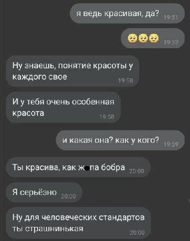 я ведь красивая, да? Ну знаешь, понятие красоты у каждого свое И утебя очень особенная красота и какая она? как у кого? Ты красива, как ж бобра Я серьёзно Ну для человеческих стандартов ты страшнинька
