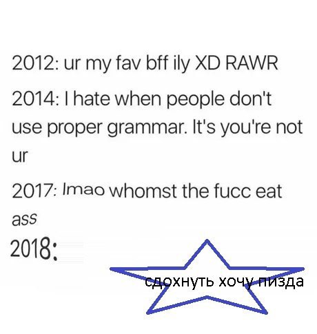 2012: my fav bff ily RAWR 2014: hate when people don't use proper grammer. It's you're not 2017: whomst the fucc eat ass 2018: wiak да