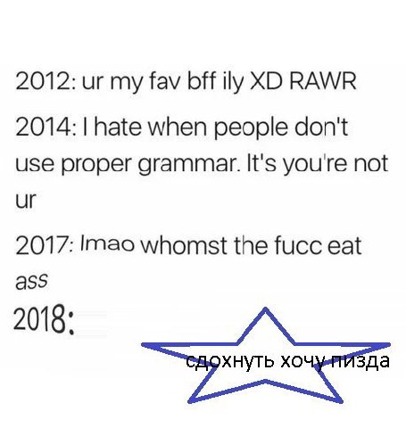 2012: my fav bff ily RAWR 2014: hate when people don't use proper grammer. It's you're not 2017: whomst the fucc eat ass 2018: wiak да