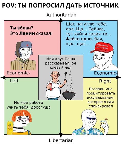 POV: ТЫ ПОПРОСИЛ ДАТЬ ИСТОЧНИК Authoritarian Щас нагуглю тебе, Ты еблан? лол. Сейчас, Это Ленин сказал! тут хуйня какая-то... Фейки одни, бля, щас, щас... GREAT MAKE AMERICy Мой друг Паша рассказывал,