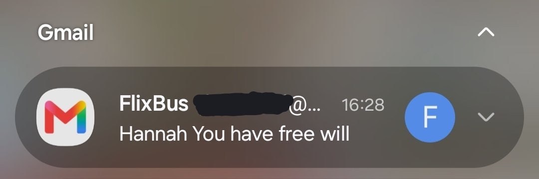 Gmail FlixBus 16:28 Hannah You have free will