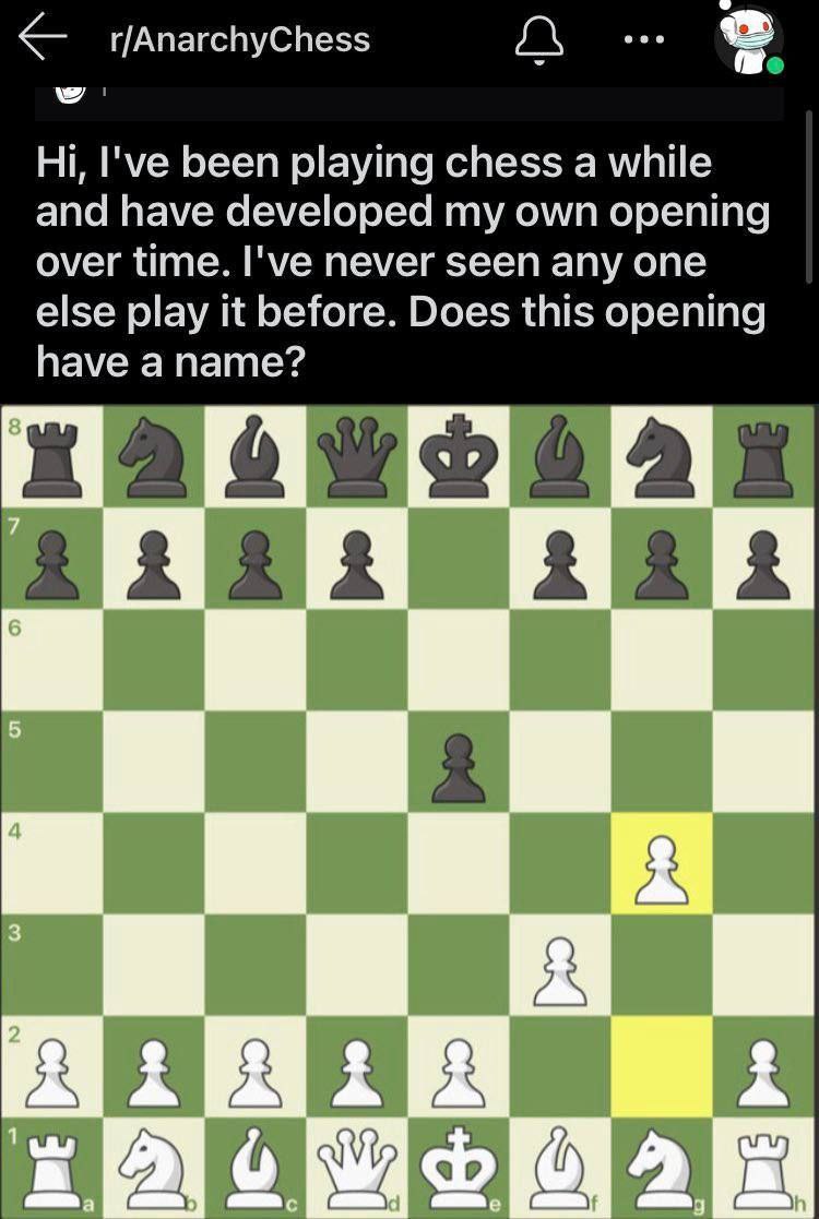 r/AnarchyChess 1 I've been playing chess а while and have developed my own opening over time. I've never seen any one else play it before. Does this opening have 2) 4 2 4 2 Be 2 oll, у о С 4
