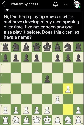 r/AnarchyChess 1 I've been playing chess а while and have developed my own opening over time. I've never seen any one else play it before. Does this opening have 2) 4 2 4 2 Be 2 oll, у о С 4
