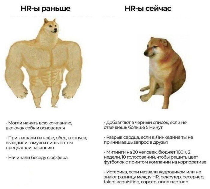 НВ-ы раньше НВ-ы сейчас 4 4 Могли нанять всю компанию, Добавляют вчерный список, если не включая себя и основателя отвечаешь больше 5 минут Приглашали на кофе, обед, в отпуск, Разрыв сердца, если в Ли