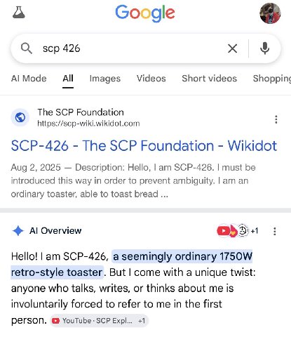5 Google О, scp 426 А! All Images Videos Shortvideos The SCP Foundation https://scp-wiki.wikidot.com SCP-426 The SCP Foundation Wikidot Aug 2, 2025 Description: Hello, SCP-426. must be introduced this