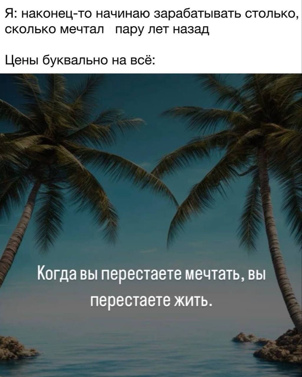 Я: наконец-то начинаю зарабатывать столько, сколько мечтал пару лет назад Цены буквально на всё: Когда вы перестаете мечтать, вы перестаете жить.