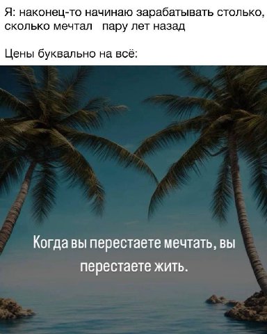 Я: наконец-то начинаю зарабатывать столько, сколько мечтал пару лет назад Цены буквально на всё: Когда вы перестаете мечтать, вы перестаете жить.