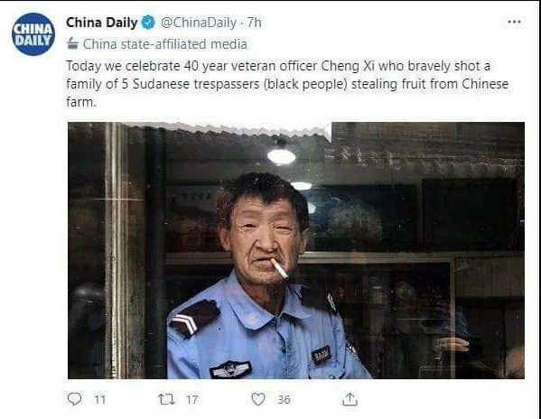 hinaDaily China Daily China staie-affilia media Today we celebrate 40 year veteran officer Cheng who bravely shot a family of 5 Sudanese trespassers (black people) tea ling fruit from Chinese farm. “i