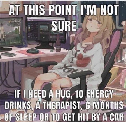 AT THIS POINT NOT SURE IF NEED A HUG, 10 ENERGY DRINKS, THERAPIST, 6 MONTHS- SLEEP OR TO GET HIT A CAR