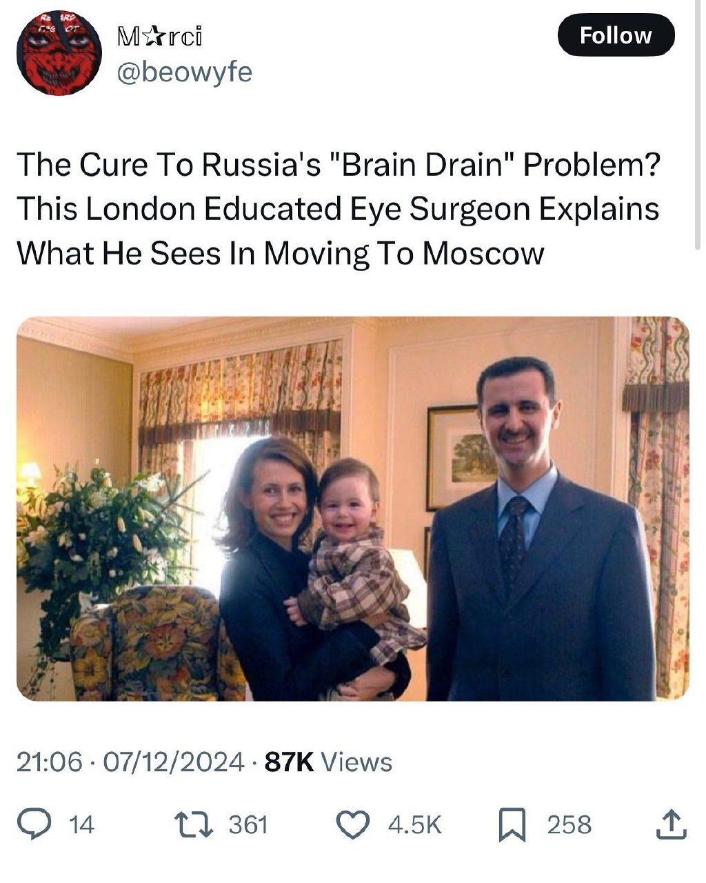 @beowyfe The Cure To Russia's "Brain Drain" Problem? This London Educated Eye Surgeon Explains What He Sees In Moving To Moscow я к. bea у) у Я 21:06 07/12/2024 Views 14 13 361 258