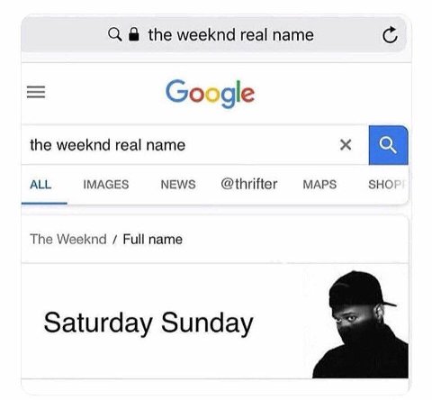 the weeknd real name Google the weeknd real name ALL IMAGES NEWS @thrifter MAPS SHO The Weeknd Full name Saturday Sunday