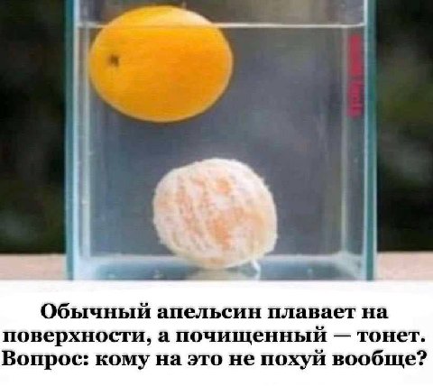 Обычный апельсин плавает на поверхности, а почищенный тонет. Вопрос: кому на это не похуй вообще?