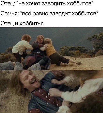 Отец: *не хочет заводить хоббитов Семья: *всё равно заводит хоббитов Отец и хоббиты