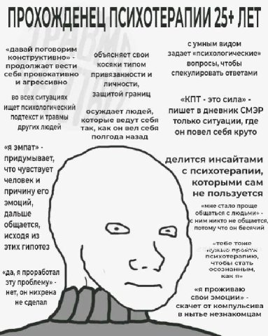 ПРОХОЖДЕНЕЦ ПСИХОТЕРАПИИ 25+ ЛЕТ с умным видом «давай поговорим конструктивно» объясняет свои задает «психологические» косяки типом вопросы, чтобы продолжает вести себя провокативно привязанности и сп