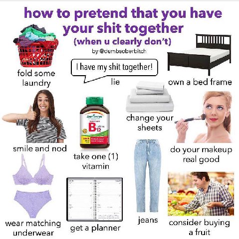 how to pretend that you have your shit together (when и clearly don’t) @dumbsoberbitch have my shit together! fold some у 9 laundry lie own а bed frame change 2 sheets 7 smile and nod your makeup take