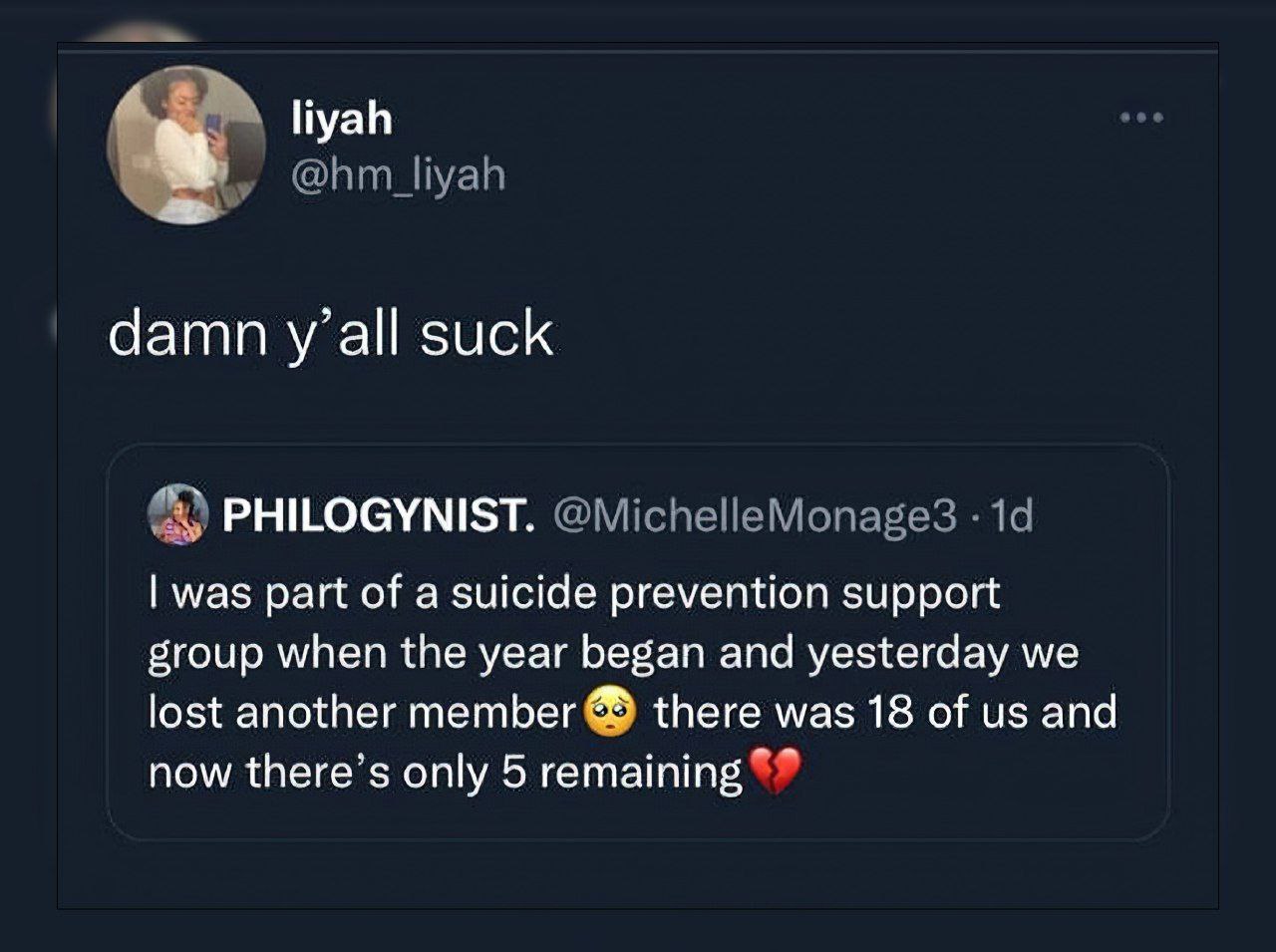 liyah damn y’all suck PHILOGYNIST. was part of a suicide prevention support group when the year began and yesterday we lost another member there was 18 of and now there’s only 5 remaining