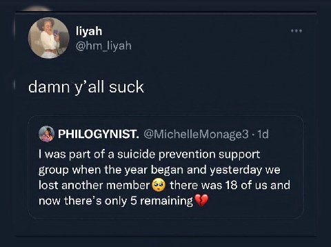 liyah damn y’all suck PHILOGYNIST. was part of a suicide prevention support group when the year began and yesterday we lost another member there was 18 of and now there’s only 5 remaining