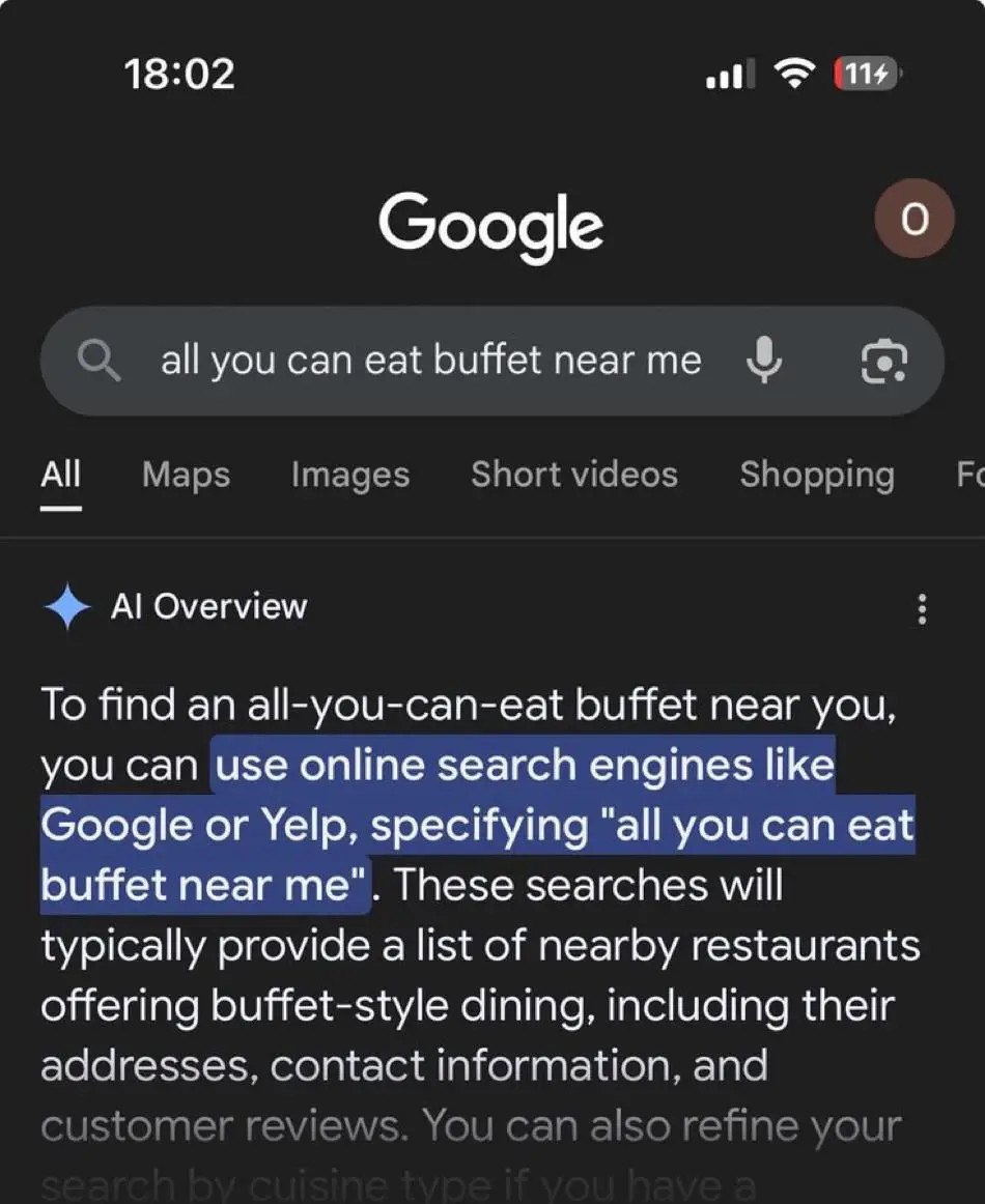 18:02 1% Google о all you сап eat buffet пеагте All Overview То find an all-you-can-eat buffet near you, you can use online search engines like Google or Yelp, specifying “all you can eat buffet near 